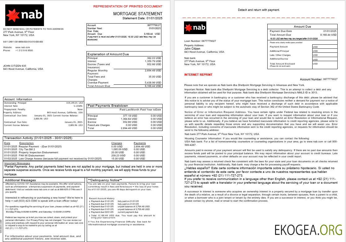 Relevé hypothécaire de la banque USA Nab aux formats Word et PDF, 3 pages 1 , 2